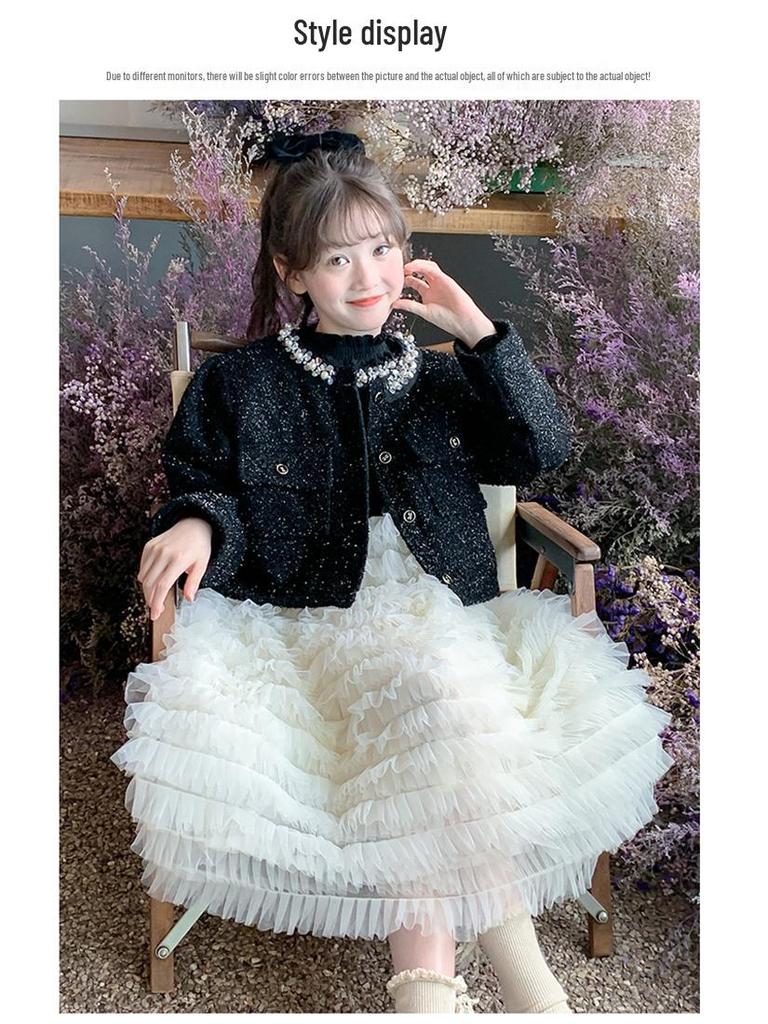 2025 Girls' Autumn Princess Cake Dress Set - Little Fragrant Style with Gauze