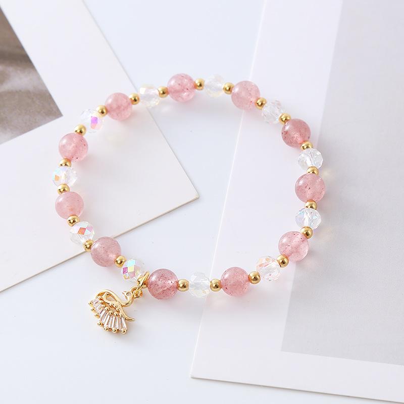 Natural Strawberry Crystal Bracelet Cute Swan Pink Jewelry Bangles Women Fashion Jewelry Accessories Gift