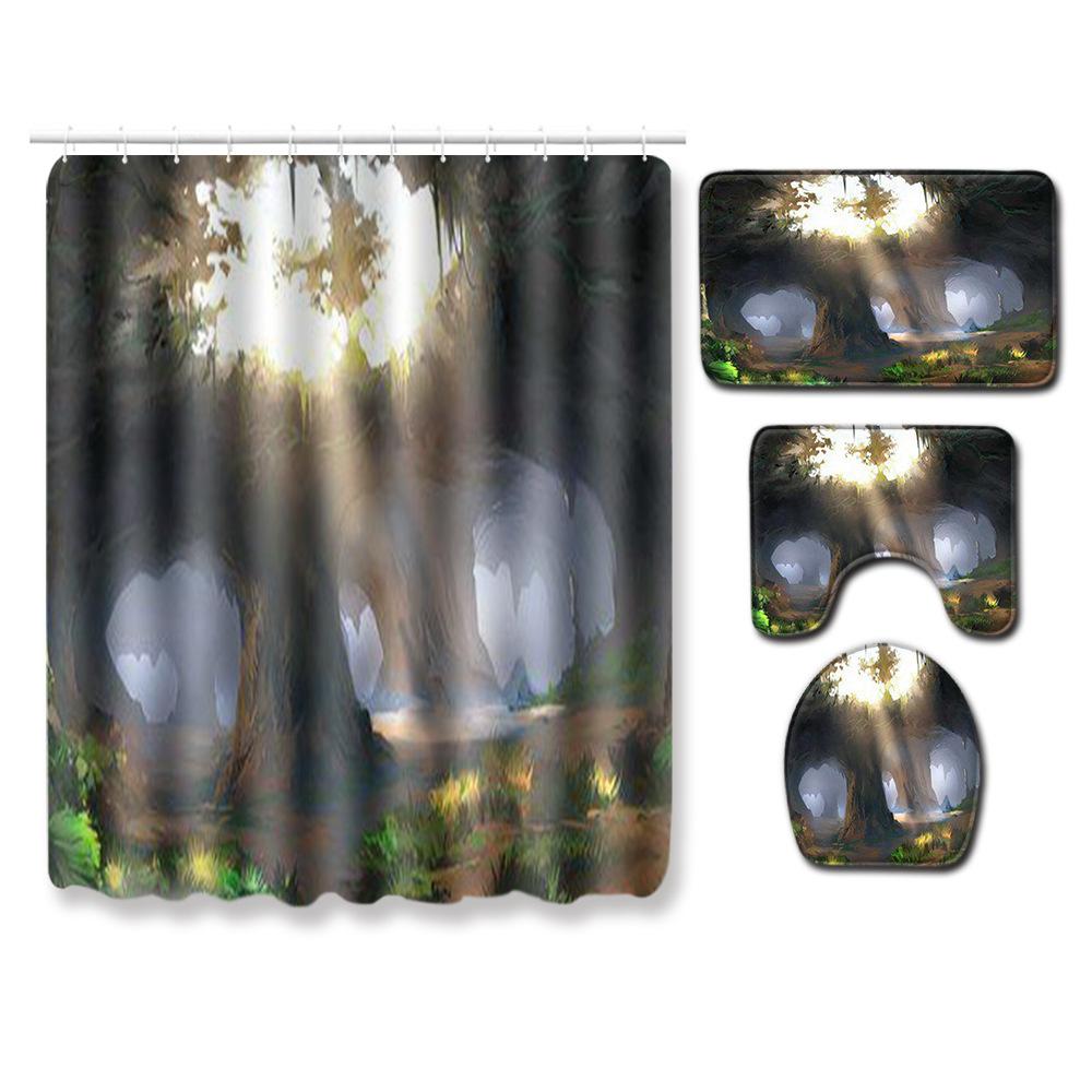 Healing Tree Hole Bathroom Shower Curtain Floor Mat Toilet Cover Foot Mat Four-Piece Set