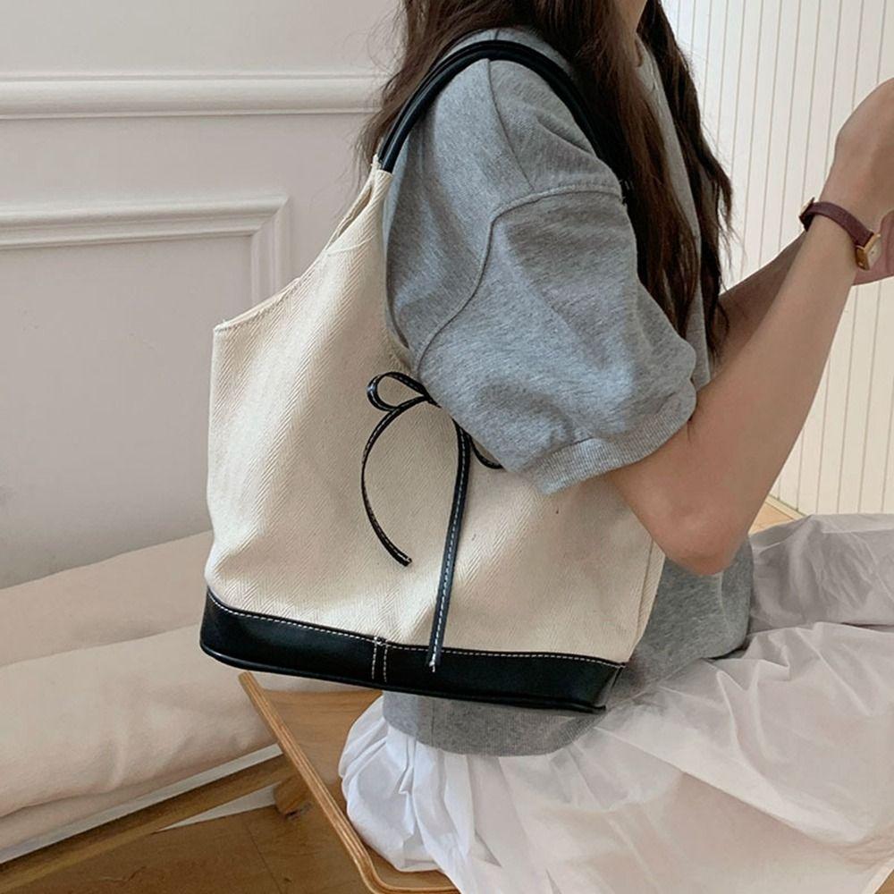 

Korean Style Canvas Tote Bag Handbag Cloth Bow Shoulder Bag Portable Travel белый