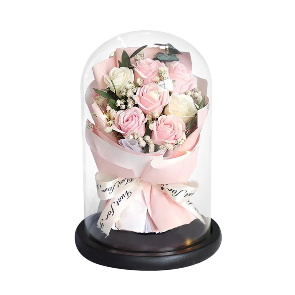 Preserved Flowers in Glass Dome Dried Flowers Bouquet with Lights Carnation Tulip Dry Flower Decoration for Mom Girlfriends Wife