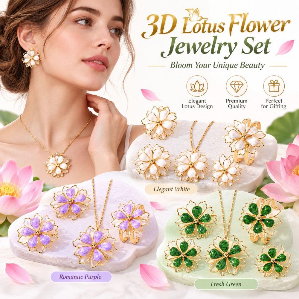 Double Layer 3D Lotus Flower Jewelry Set Hollow Out Flower Necklace Gifts Flower Jewelry Set Women