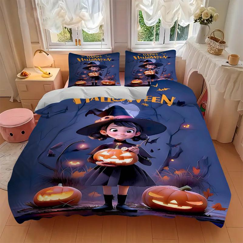 3pcs Witch Moon Halloween Pumpkin Quilt Cover Set (1 Quilt Cover + 2 Pillowcases Without Pillow Core), High-Definition Printing for Home and Dorm