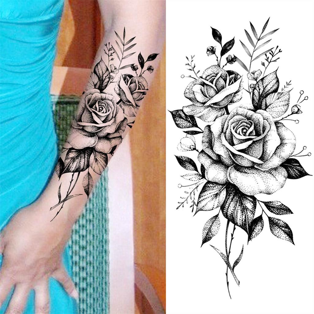 1 Sheet Black Flower Temporary Tattoos For Women Girls Realistic Fake Flora Floral Peony Tattoo Sticker Body Art Painting Decal