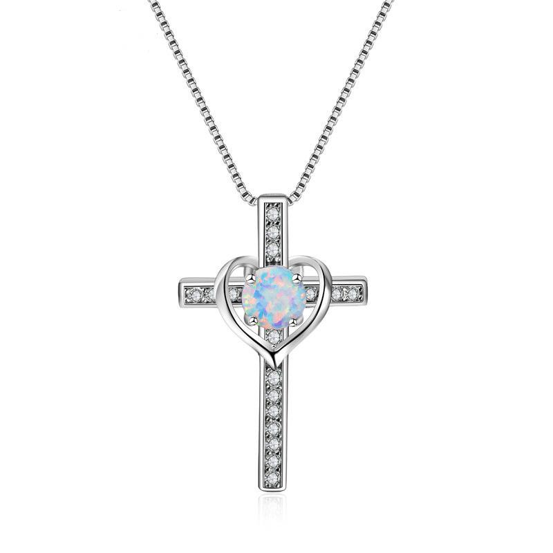 Round White Peach Heart Diamond Studded Cross Necklace Versatile Collarbone Chain