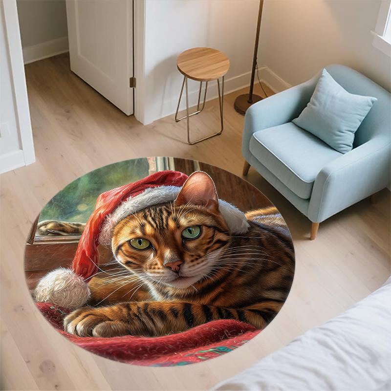Christmas Cat pattern round rug,Carpet Rug for Living Room Bedroom Sofa Playroom Decor,Non-slip Floor Mat,Holiday Gifts and Birthday Gifts