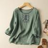 Summer Cotton and Linen Three-quarter Sleeve T-shirt Women's Ethnic Style Casual All-match Embroidery Literary Retro Blouse Women