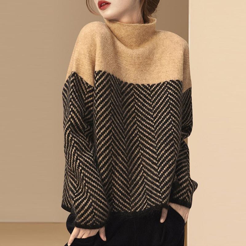 Suéter de Punto Retro Color Block Cuello Semi Alto Otoño Invierno Diseño Holgado Estilo Lazy Jersey Top