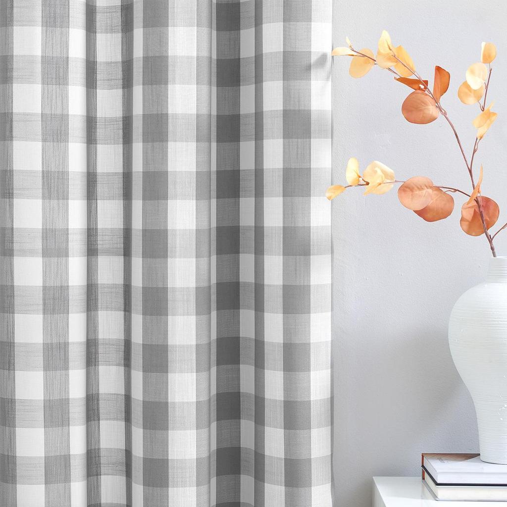 Natural Country Style Grey Checkered Grommet Top Curtains and Sheers for Living Room or Bedroom