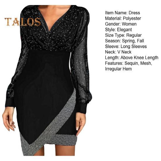 Damen Frühlings-/Herbstkleid, V-Ausschnitt, Laternenärmel, unregelmäßiger Saum, durchsichtiges Netz, Pailletten, Patchwork, Etuikleid über dem Knie, Abschlussball, Party, Minikleid