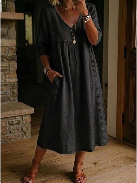2026 European & American V-Neck Patchwork Lace Trim Linen-Cotton Casual Dress