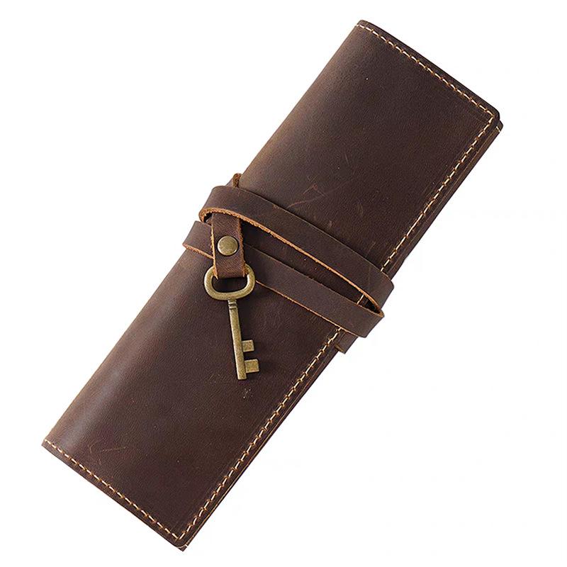 

New Vintage Crazy Horse PU Leather Pencil Case - Multi-Function Stationery Organizer Roll Bag with Multi-Pen Slots Supplies кавовий