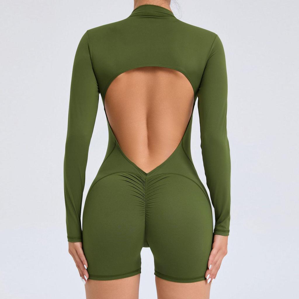 Chic One-Piece Zip Jumpsuit - Long-Sleeve, Backless Yoga Outfit & Sexy Fitness Wear