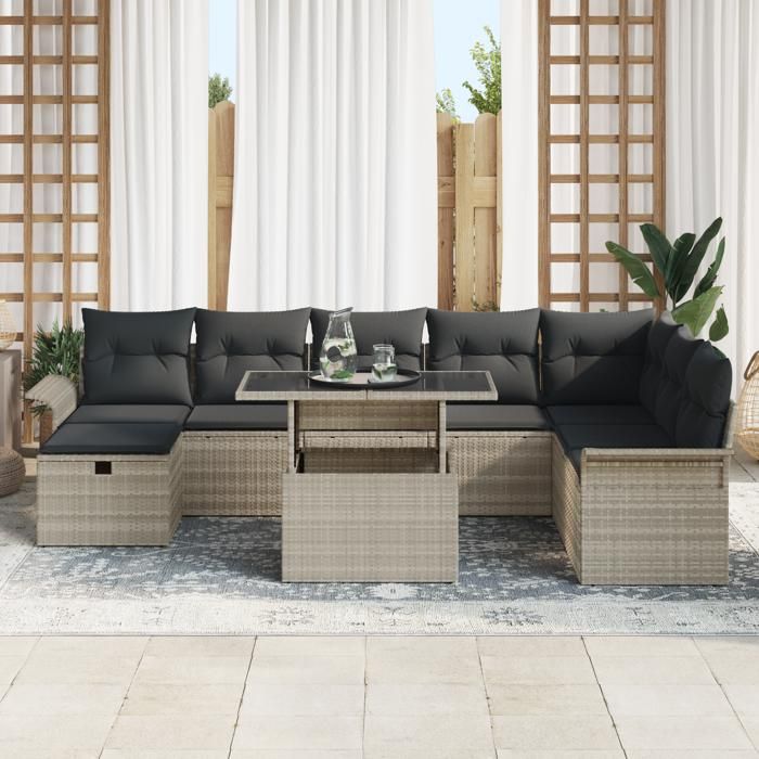 Set de Canapé de Jardin 9 Pièces avec Coussins Gris Clair en Rattan Poly, Canapé de Jardin 2 Places avec Rangement &amp; 3361031