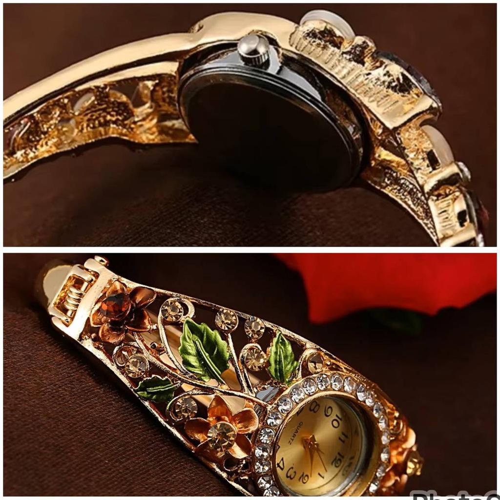 Vintage Retro Women Colored Crystal Bracelet Alloy Bangle Watch Girl Role Playing Princess Flower Leaf Wristwatch Fashion