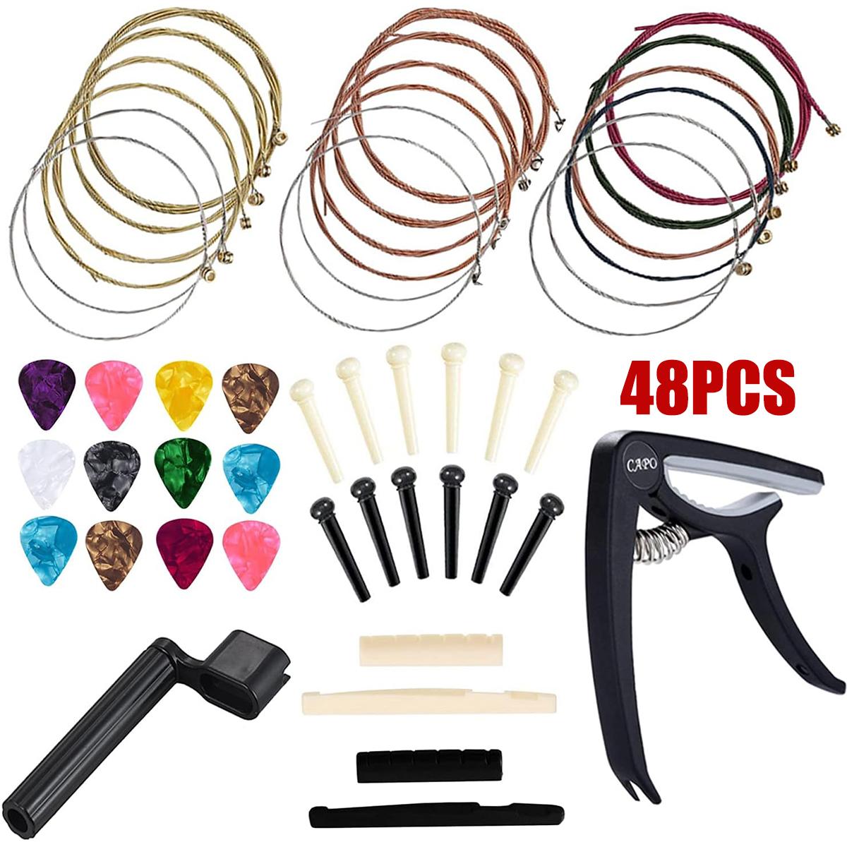 

48Pcs Professional Guitar Accessories Kit for Beginners-Capo,Strings,Picks,Winder,Bridge Pins&Saddles,All-in-One Guitar Care Set
