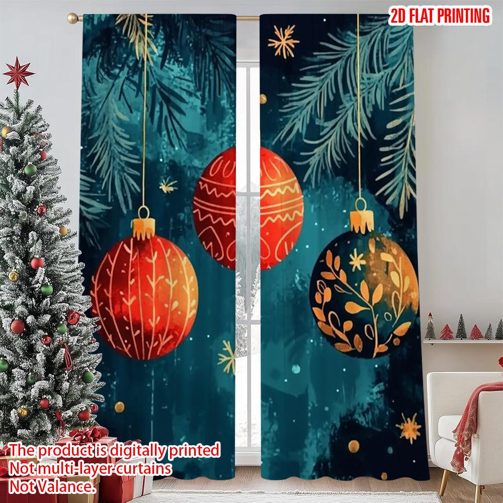 2pcs 2D Flat Printing Christmas Party Curtain Christmas Red Orange Orbs with Blue Snowflakes and Winter Branches Versatile