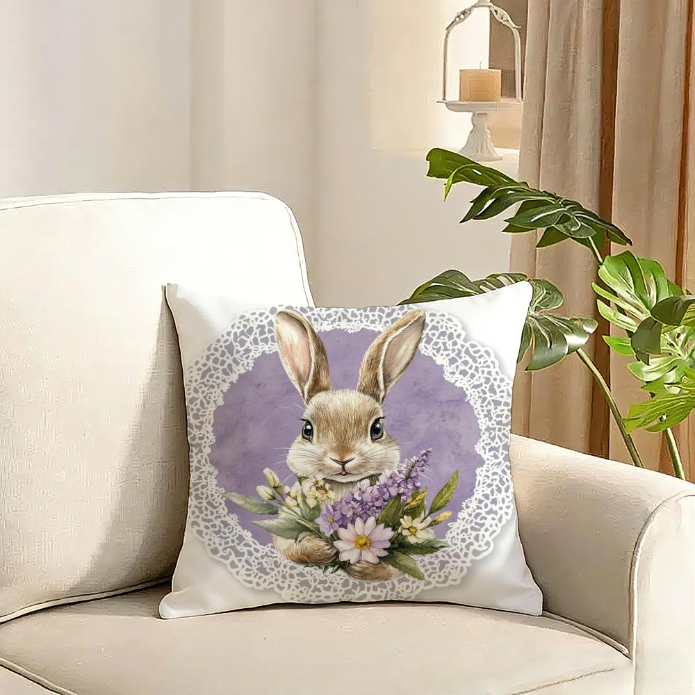 Cute rabbit holding flowers Cushion Cover Reversible Plush Pillow Cover Soft Fluffy Home Decor for Sofa Bedroom