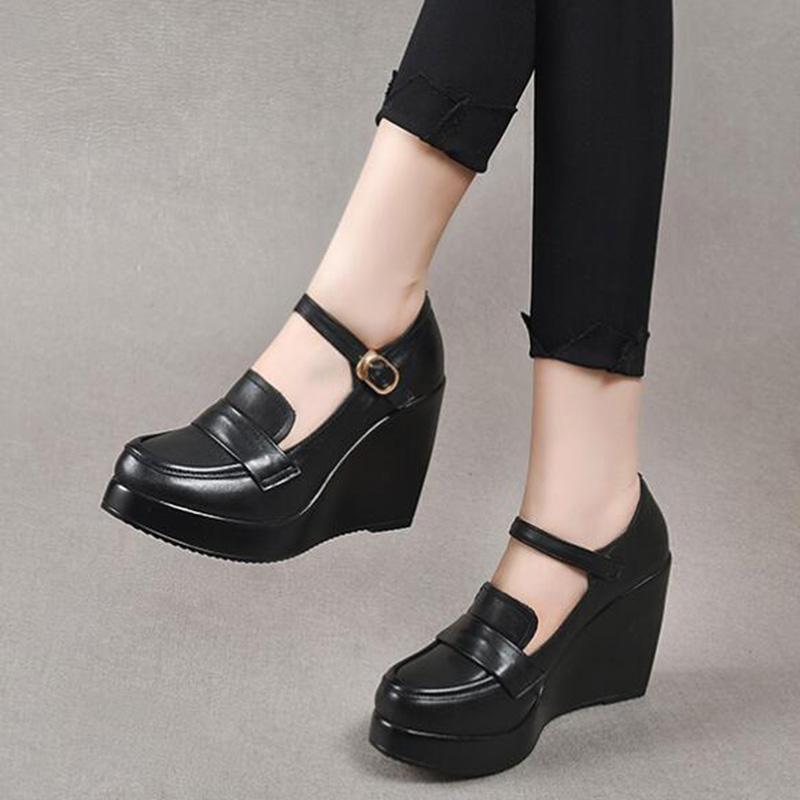 Fashion GKTINOO 2025 Wedges Women Shoe Spring Autumn Slip-On High Heels Round Toe Genuine Leather Casual Ladies Platform Shoes Woman