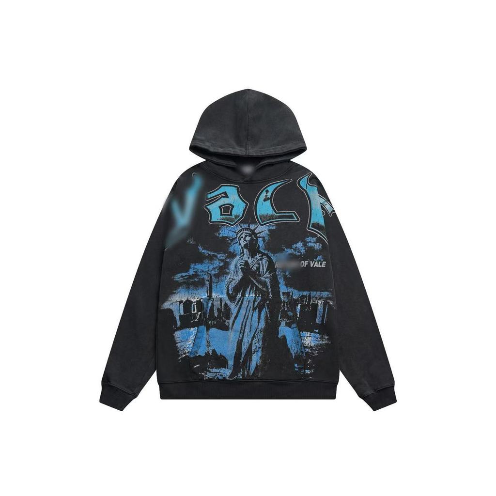 25SS high quality VAL beauty high street retro washing water old white ink direct injection hoodie men and women the same sweater