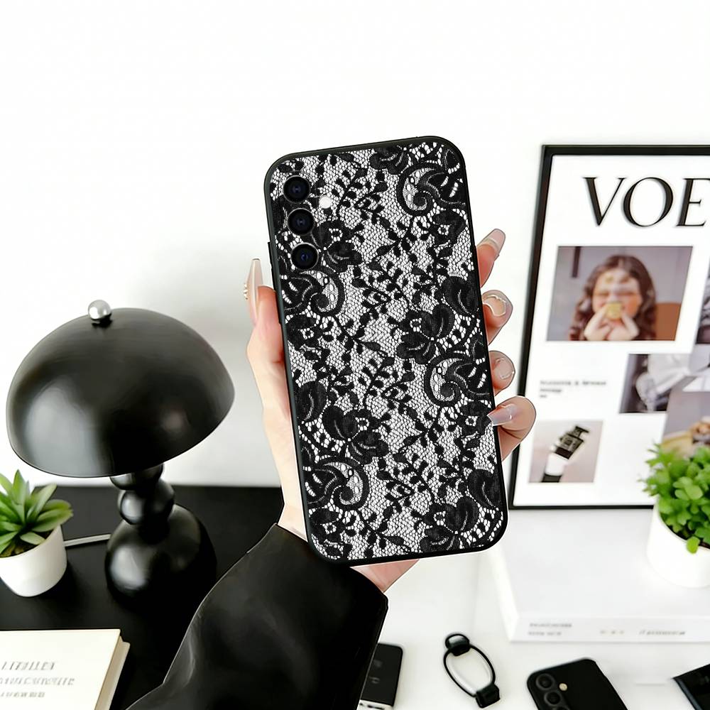 B-Black Lace Print Phone Case For Samsung Galaxy A73,A72,A71,A70,A53,A52,A51,Others Soft Black Cover