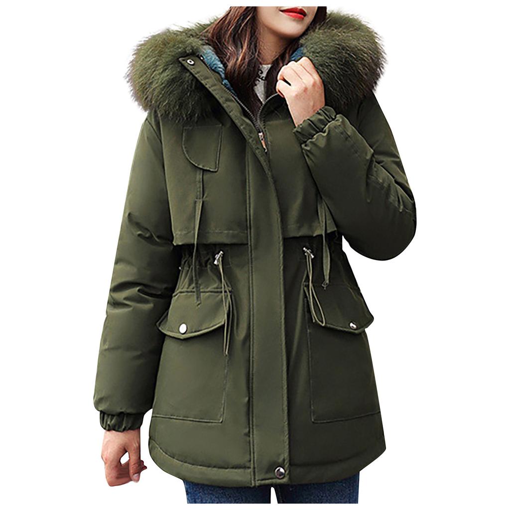 Women Fashion Long Sleeve Solid Color Warm Hooded Cotton Zipper Casual Jacket Coat