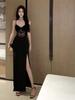 Black Lace Patchwork Bodycon Evening Dress with Slit and Breast Pads - Spaghetti Strap Design