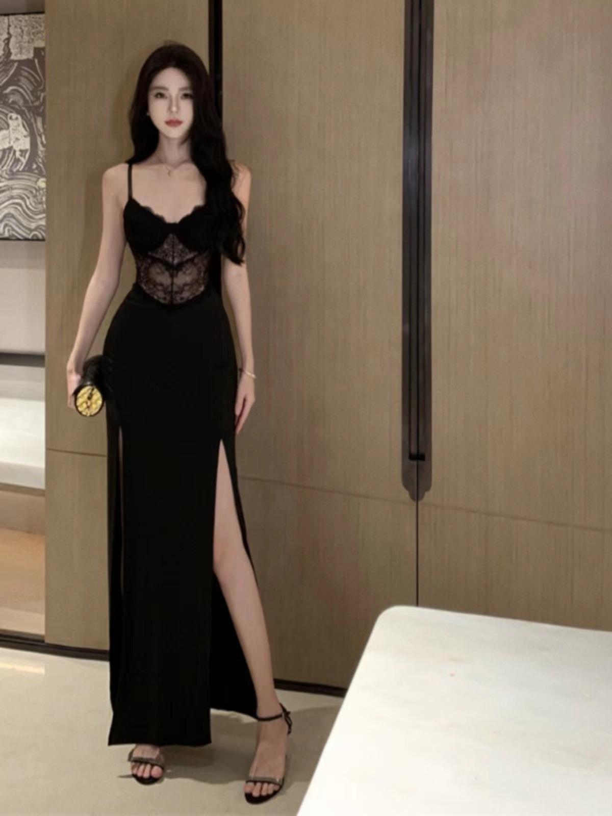 Black Lace Patchwork Bodycon Evening Dress with Slit and Breast Pads - Spaghetti Strap Design cm nero