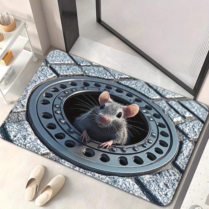 1 Stück Skurrile Maus in Gullydeckel Fußmatte – Rutschfest für Badezimmer, Schlafzimmer & Wohnzimmer Eingang, Graue Runde Muster Bodenmatte