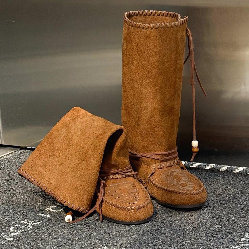 European Station 2025 Autumn New Leather Tassel Strap Tall Western Boots Flat Bottom Foldable Pile Boots Women