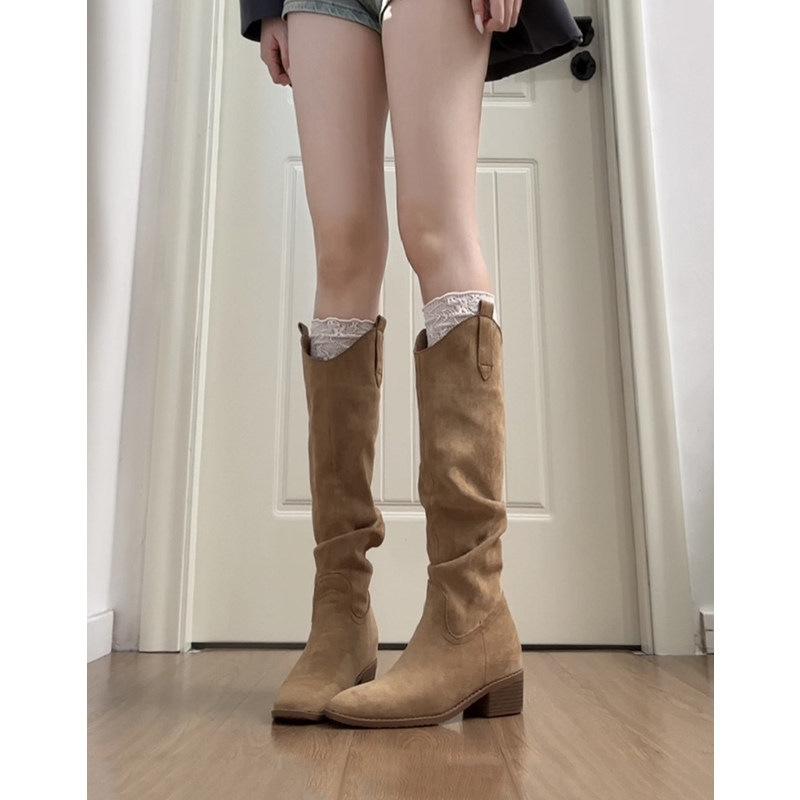 mouth boots pleated boots western thick heel thin pile boots women's boots boots v retro new no