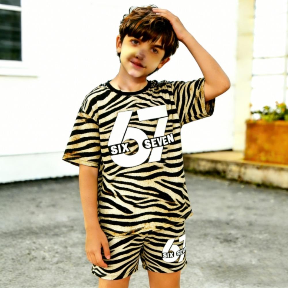 Zebra Stripes Leopard 67 Printed Men's T-shirt and Shorts 2 Piece Set Summer Casual Outfit for Men's and Women's Clothing Top