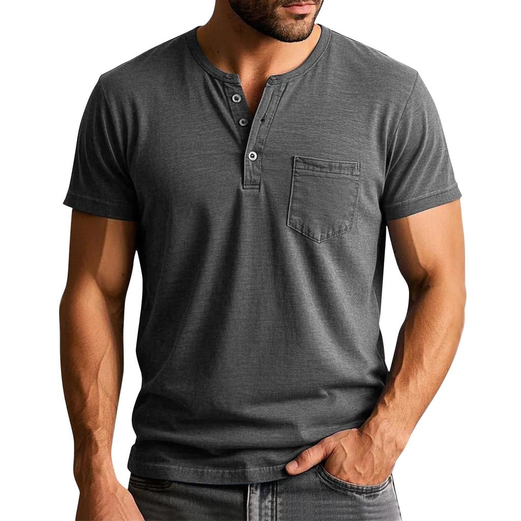 Men's Summer Solid Color Button Collar Short Sleeve Tops Men's Casual Loose Fashion Tops