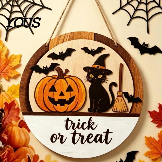 Handmade Wood Sign Halloween Layered Round Door Hanger, 3D Pumpkin Ghost Owl Welcome Sign, Front Porch Seasonal Plaque Farmhouse Wall Hanging
