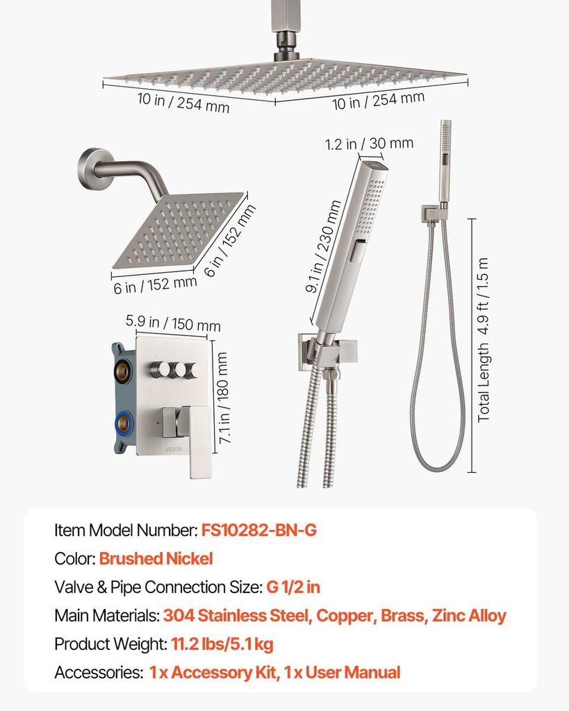 Shower Faucet Set, 254 Mm Ceiling Mount Rainfall Shower System with 152 Mm Wall Mount Head and 2 In 1 Handheld Spray, Rotatable 3-Function Dual Rain
