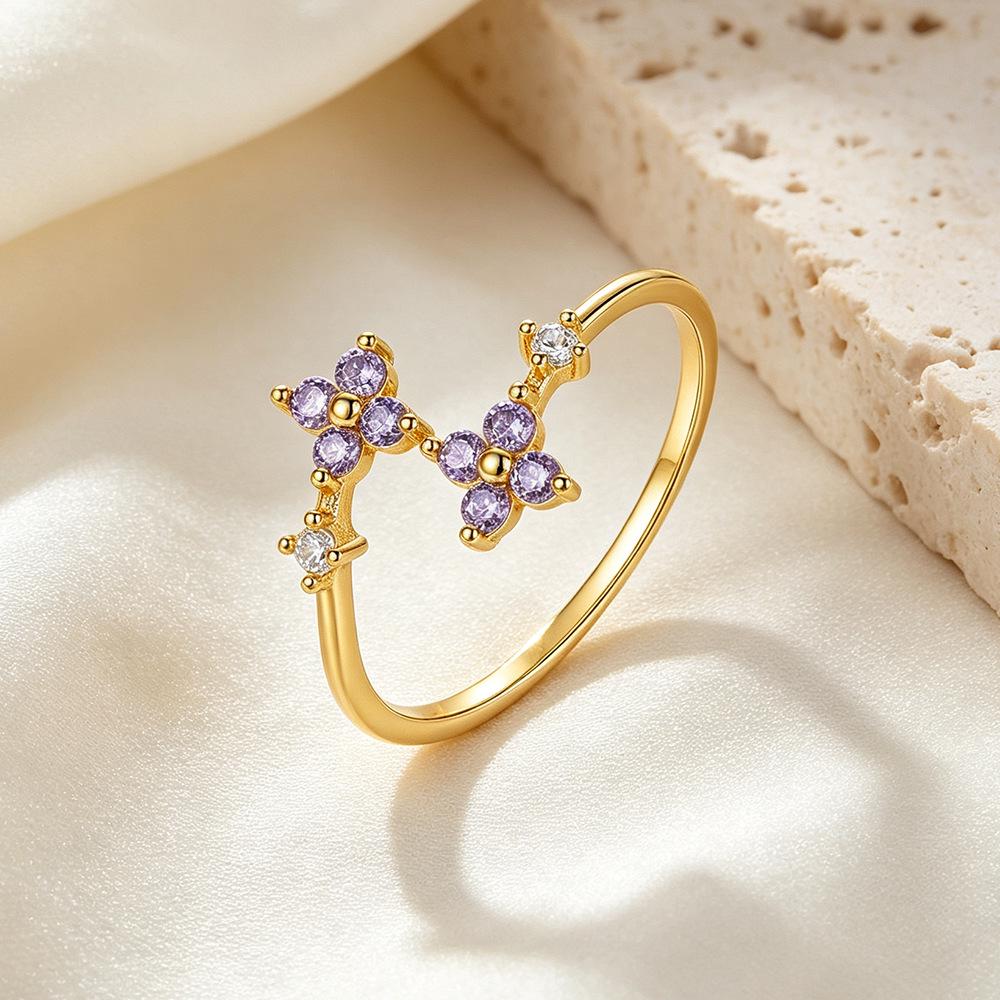 S925 Sterling Silver Fairy-Inspired Purple Zircon Four-Leaf Clover Adjustable Ring for Women