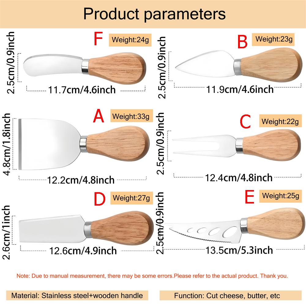 6PCS, Kitchen Cheese Knives Wood Handle Cheese Slicer Cutter Cake Knife Western Food Knife Kitchen Gadgets Knife Baking Tools