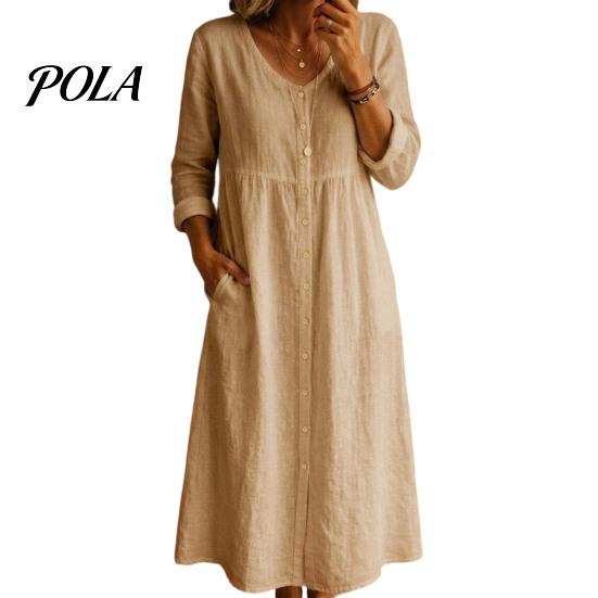 Women Summer Outfit Midi Dress for Women, Button Down Long Sleeve Versatile Party A-line Dress, Casual Loose V Neck Flowy Vacation Outfits Mid-length