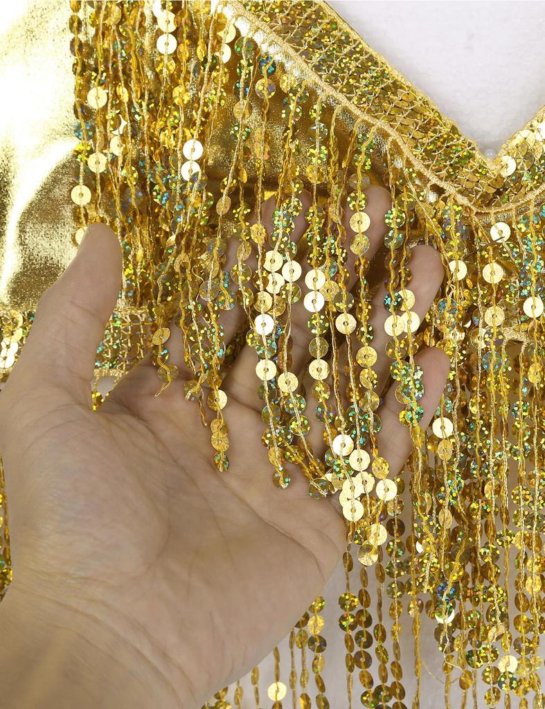 Women Shiny Sequins Tassels Carnival Rave Performance Belly Dance Costume Halter Bra Tops with Hip Scarf Wrap Skirt Set