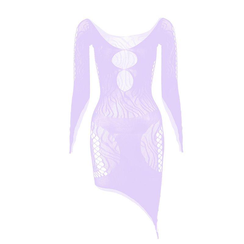 

Kkx Millennium Sexy Wind Cut Out Sheer Long Sleeve Dress Street Sexy Irregular Slim-Fit Bottoming Hip Skirt Violet One size