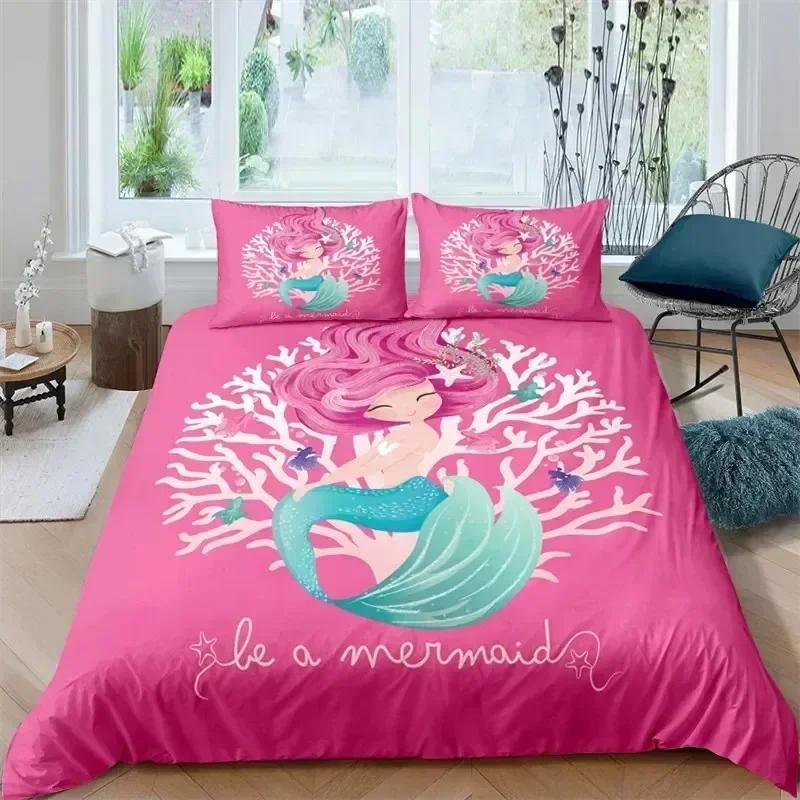 Modern Cartoon Mermaid Toddler Bedding Set Duvet Cover Sheet Printed Bed Set Pillowcase Full Queen King Size Comforter Bedroom