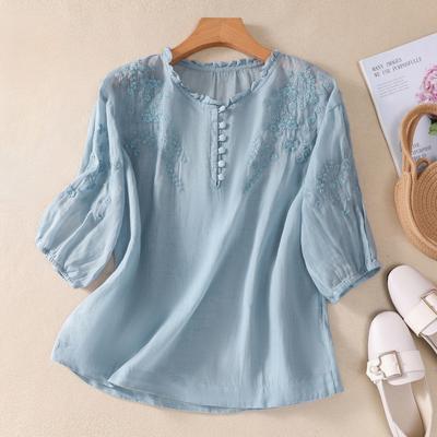 Summer Cotton Linen Artistic Loose Embroidered Flower V-neck Shirt Top for Women Blouses & Shirts