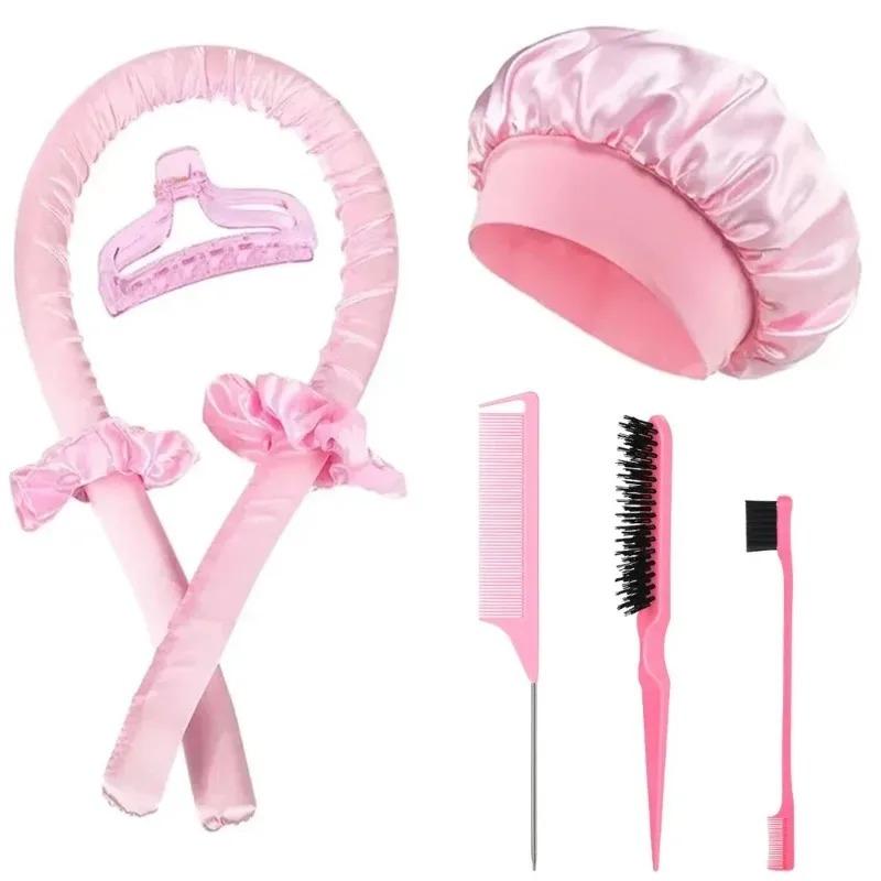 3/5/8pcs No-Heat Curling Iron Set with Satin Sleep Cap Hair Clips Comb Hair Tie Women's Heatless Overnight Styling Tools