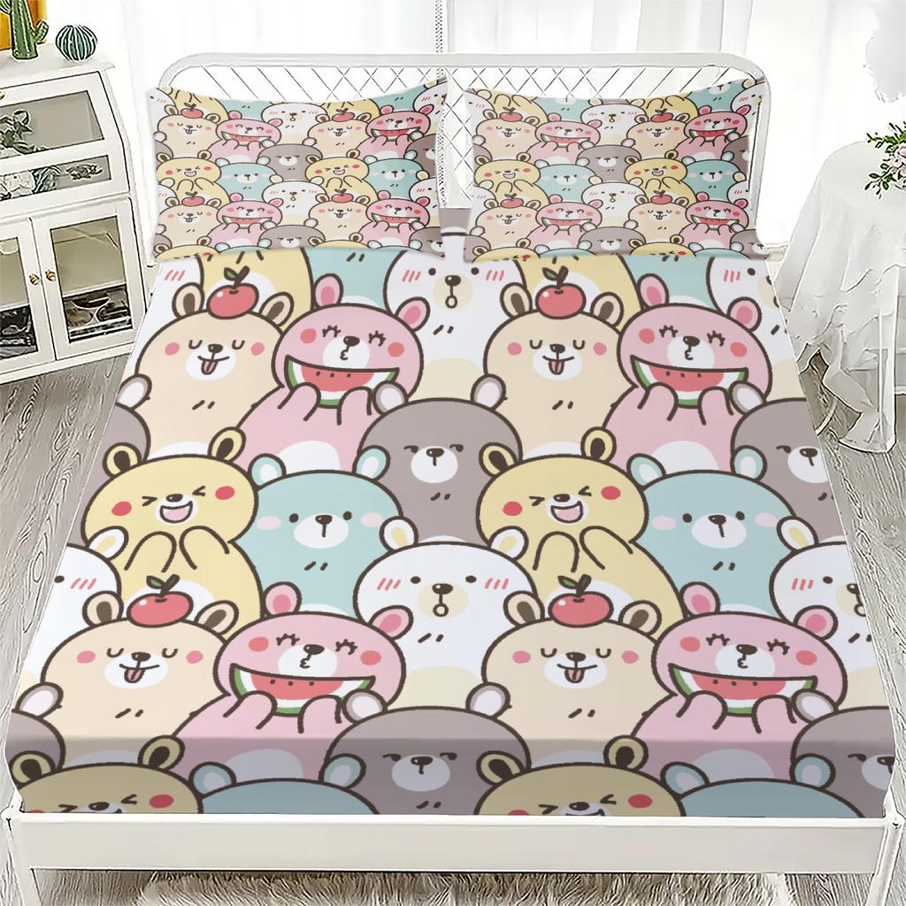 3pcs Fitted Sheet Set Cute Bear Pattern Print Design Easy Care Bed Sheet With Pillowcases For Bedroom Decor