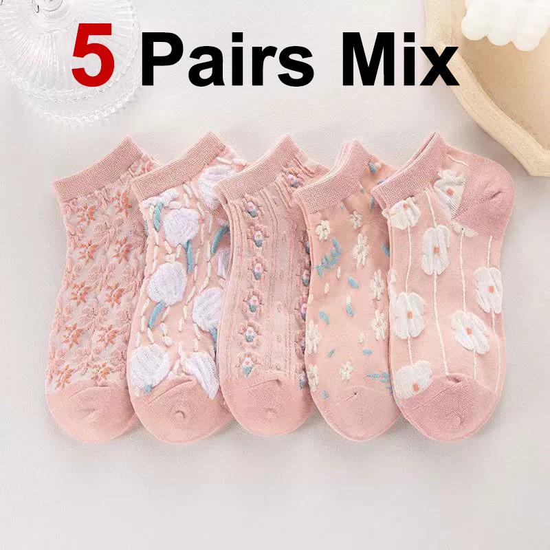 5/10/20 Pairs Women Floral Printed Ankle Socks Fashionable Patterns Sweat Absorbing Breathable Soft Comfortable Casual Socks