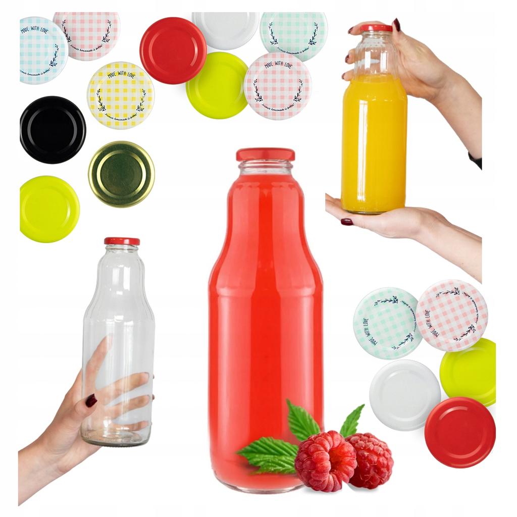 25X Butelki Szklane Fruit Na Sok 1L Butelka Słoik Na Soki Mleko + Wieczko