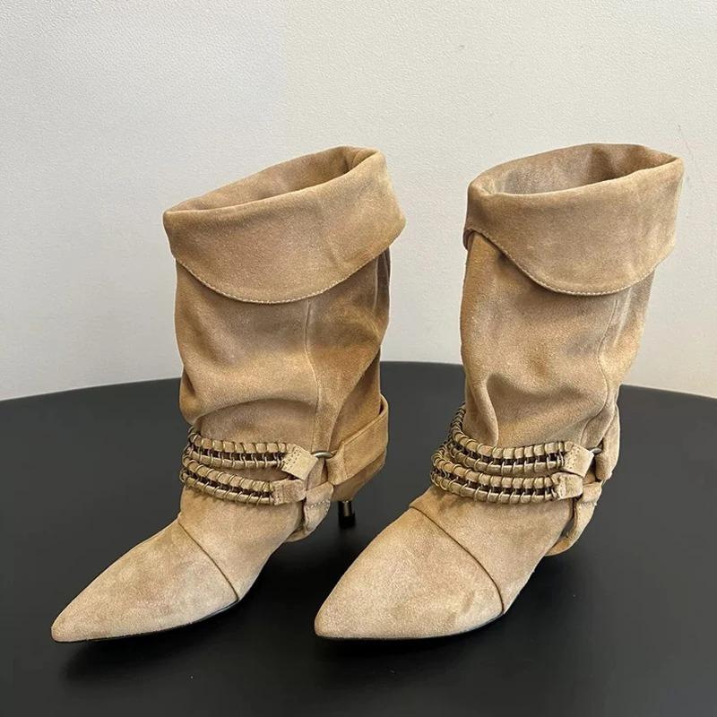 Pantofi Toamnă Iarnă Modă Stradală Cataramă Metalică Cizme Dama Până la Mijlocul Gambei Vintage Vârf Ascuțit Tocuri Subțiri Joase Botine Western