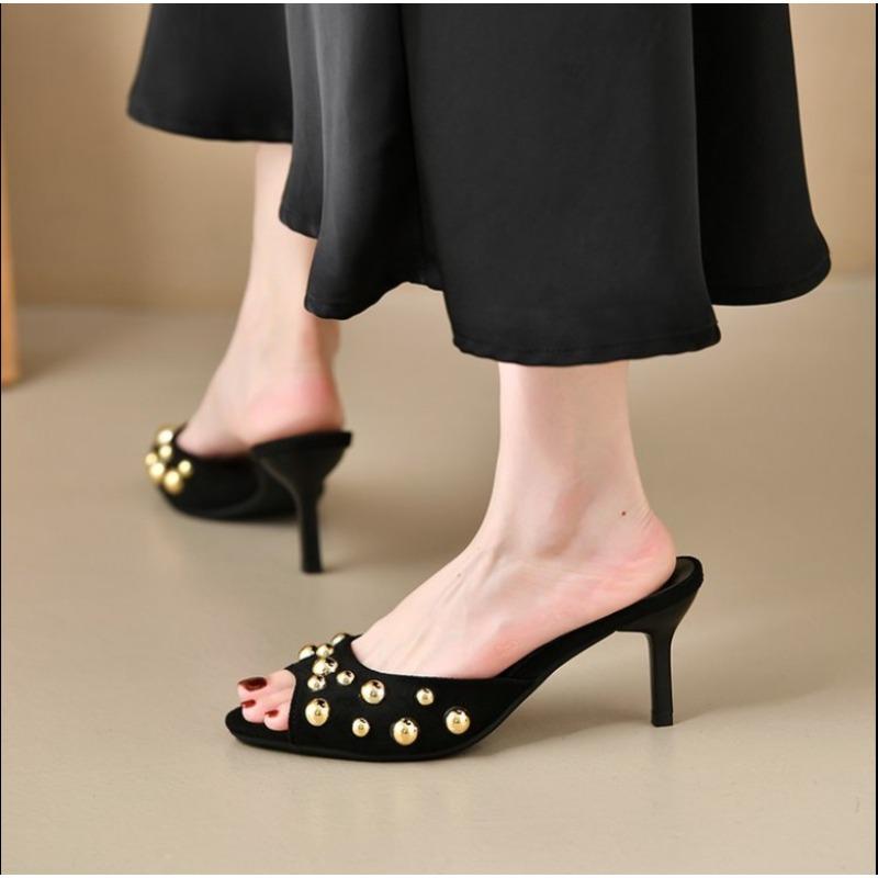 

Fashion 2025Brand Texture Lady High Heels Rivet Pointed Open Toe Sexy And Elegant Suede Stiletto Design Slippers Large Size Sandals 35 чёрный