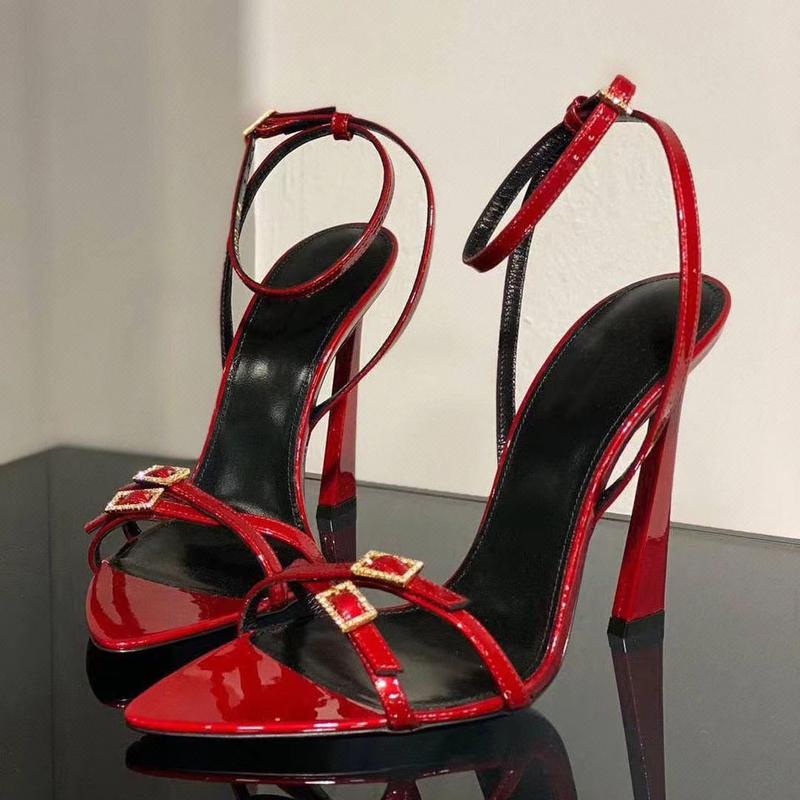 Fashion Summer new style slim strap open toe straight buckle sandals for women with pointed toes, thin heels, banquet red high heels
