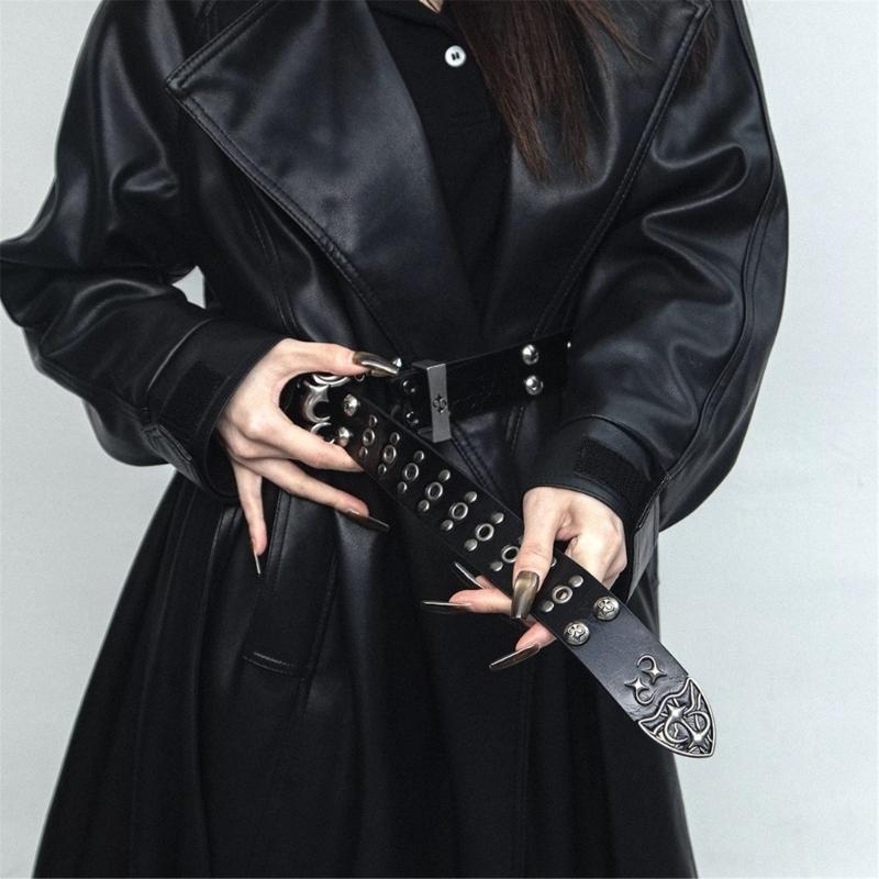 Gothic Studded Belt for Women Slightly Adjustable Clasp Double Row Hole Nonslip Design PU Leather Waistband
